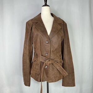 Bradley leather jacket belted brown blazer style notch collar button front XL
